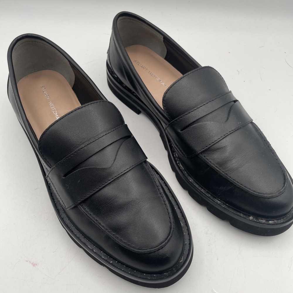 Stuart Weitzman Women's 38 Black Leather Penny Loafers Chunky Sole US size 8.5